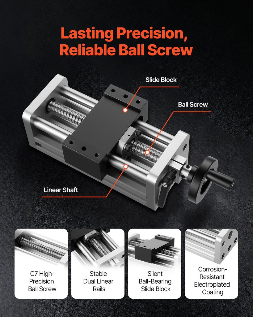 VEVOR Linear Stage Actuator, 100 mm Effective Stroke, Ball Screw CNC Linear Motion Guide Rail, Double Optical Axis, C7 High-Precision