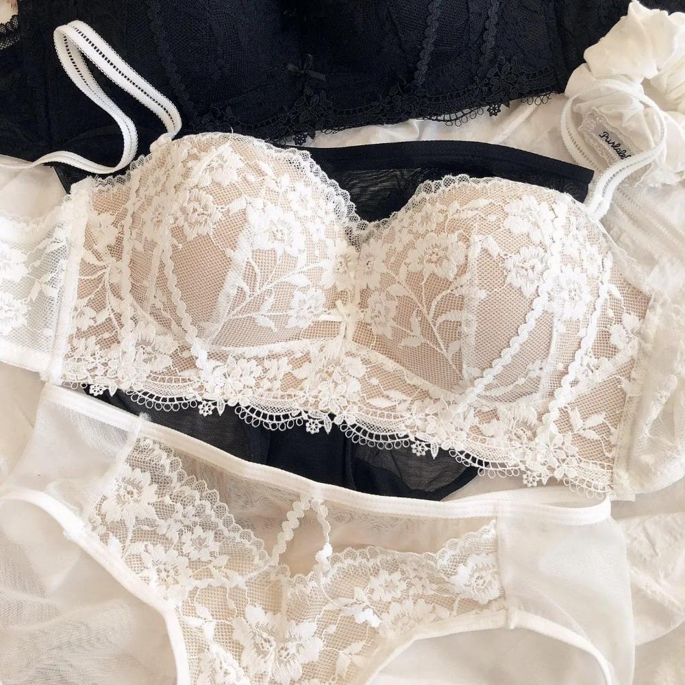 Sexy Lace Flowers Embroidery Underwear Set for Women Comfort Thicken Cup Push Up Bra Detachable Strap Top Bralette Lingerie Sets