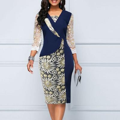 Vestido elegante estampado para mujer, cuello en V, manga 3/4, vestido a media pierna ajustado, vestido ceñido informal de fiesta para mujer, ropa de negocios para ir al trabajo