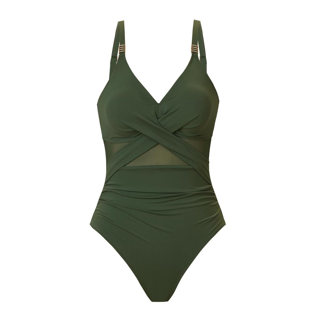 2025 European-American Women's One-Piece Solid Mesh Swimsuit Bikini