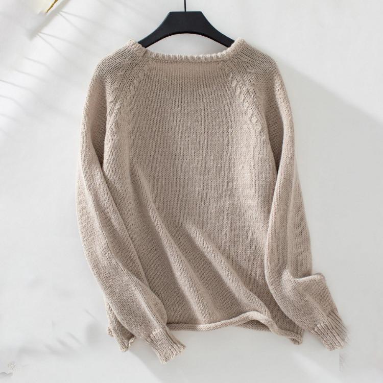 Vintage O Neck Solid Color Long Sleeve Loose Knitwear Cardigan Sweater Top for Autumn Winter