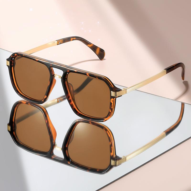 Retro-style simple double-beam flat-top flat mirror metal temple, versatile decorative sunglasses for daily wear