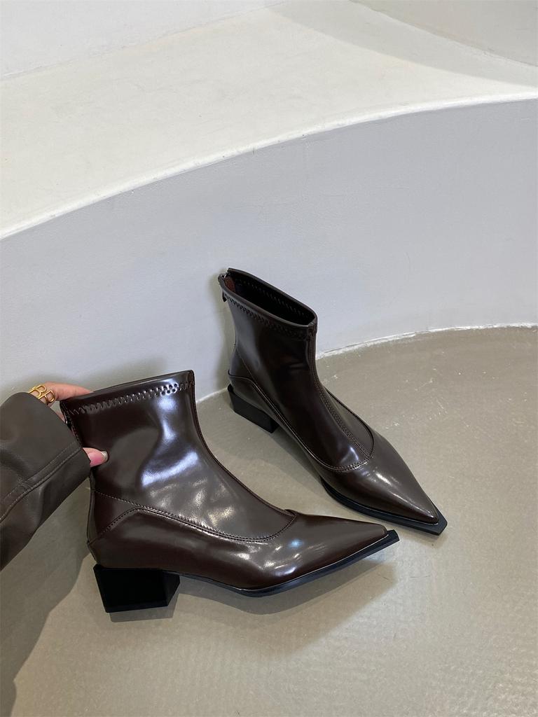 Thick Heel Pointed White Thin Boots Small Short Boots Women's Shoes 2025 New Spring, Autumn and Winter Versatile Korean Small Ankle Boots