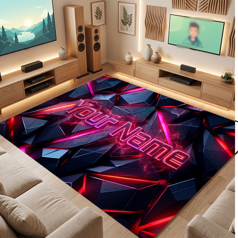 City Cyberpunk Theme Crystal Velvet Floor Rug Personalized Custom Name Text Warm Carpet Home Decoration