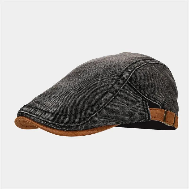 

Four seasons cotton solid color newsboy cap, flat cap for men and women painter beret, vintage denim hat. 55-60cm adjustable чорний