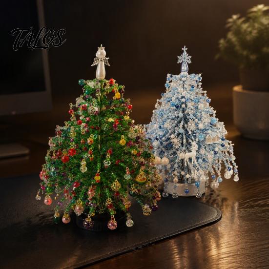 Beaded Christmas Tree Project 2 Pcs DIY Kit with LED Light, Handmade Mini Easy Assembly Craft for Beginners Faux Crystal Bead Art Craft, Sparkly