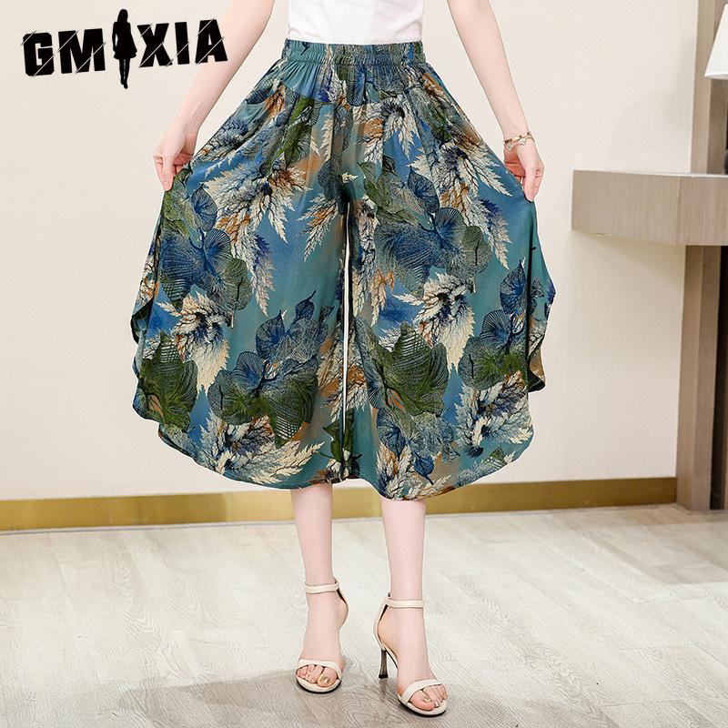 

GMXIA Летние брюки больших размеров с широкими штанинами для женщин, свободные богемные летние брюки с высокой талией, женские брюки XL-4XL XXXXL