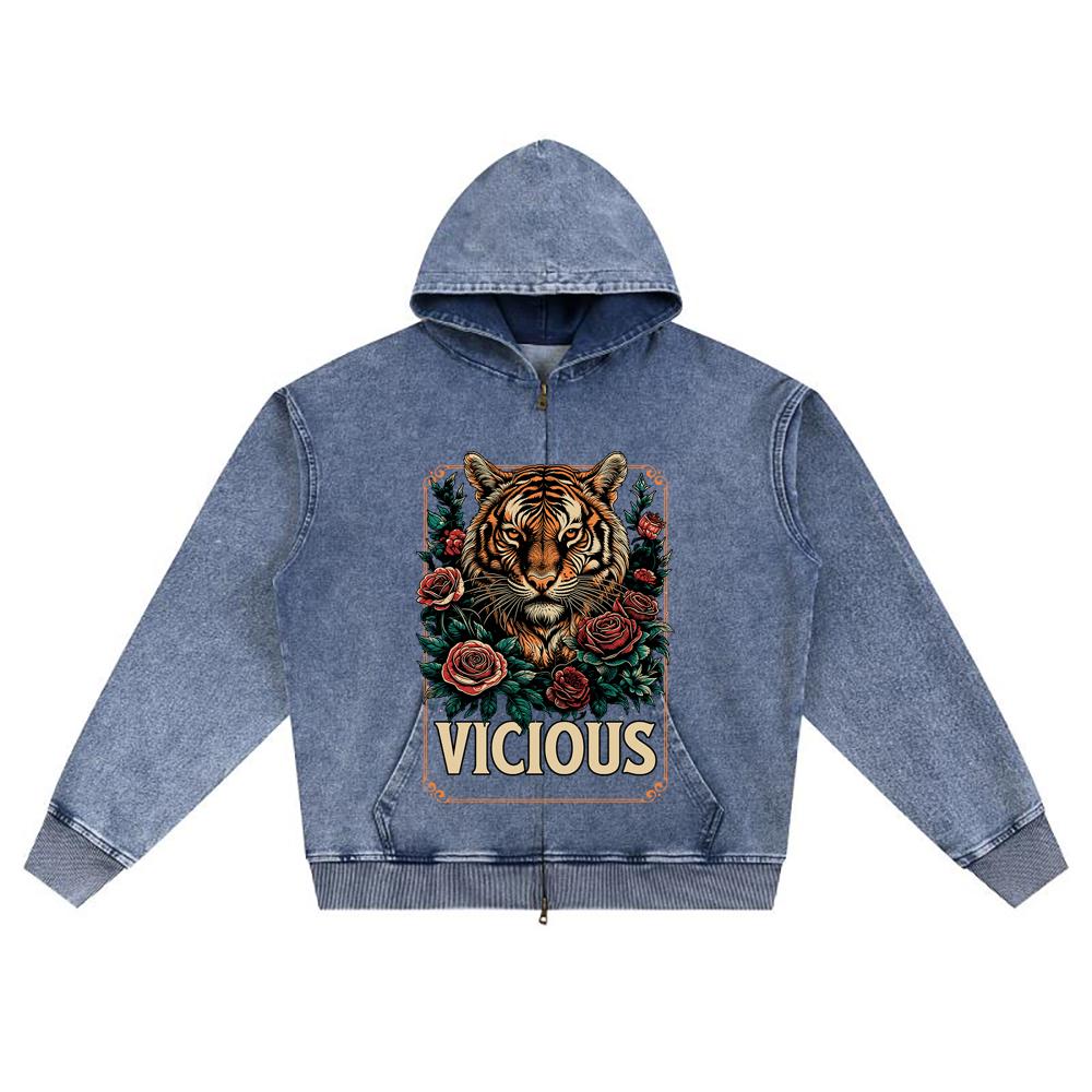 DTG print Knitted Denim Zip-Up Hoodie Vicious Rebel Wear Brother Print Zipper Hoodies  