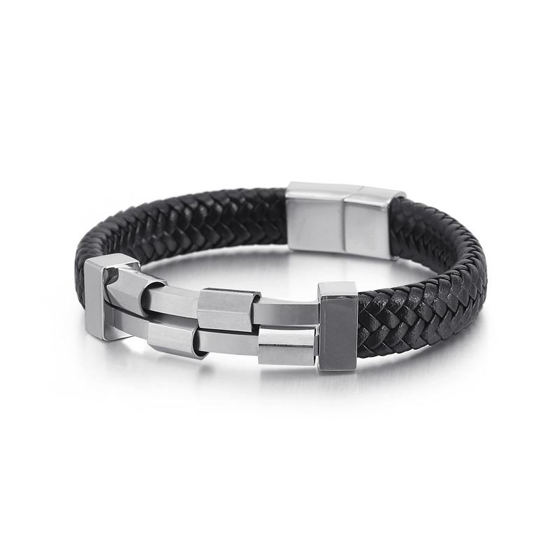 

KALEN Double Layer Stainless Steel Bangles Men Hiphop/Rock Cowhide Leather Bracelets For Men Jewelry