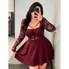 Plus Size Womens Lace Splice A-Line Long Sleeve Dress Vacation