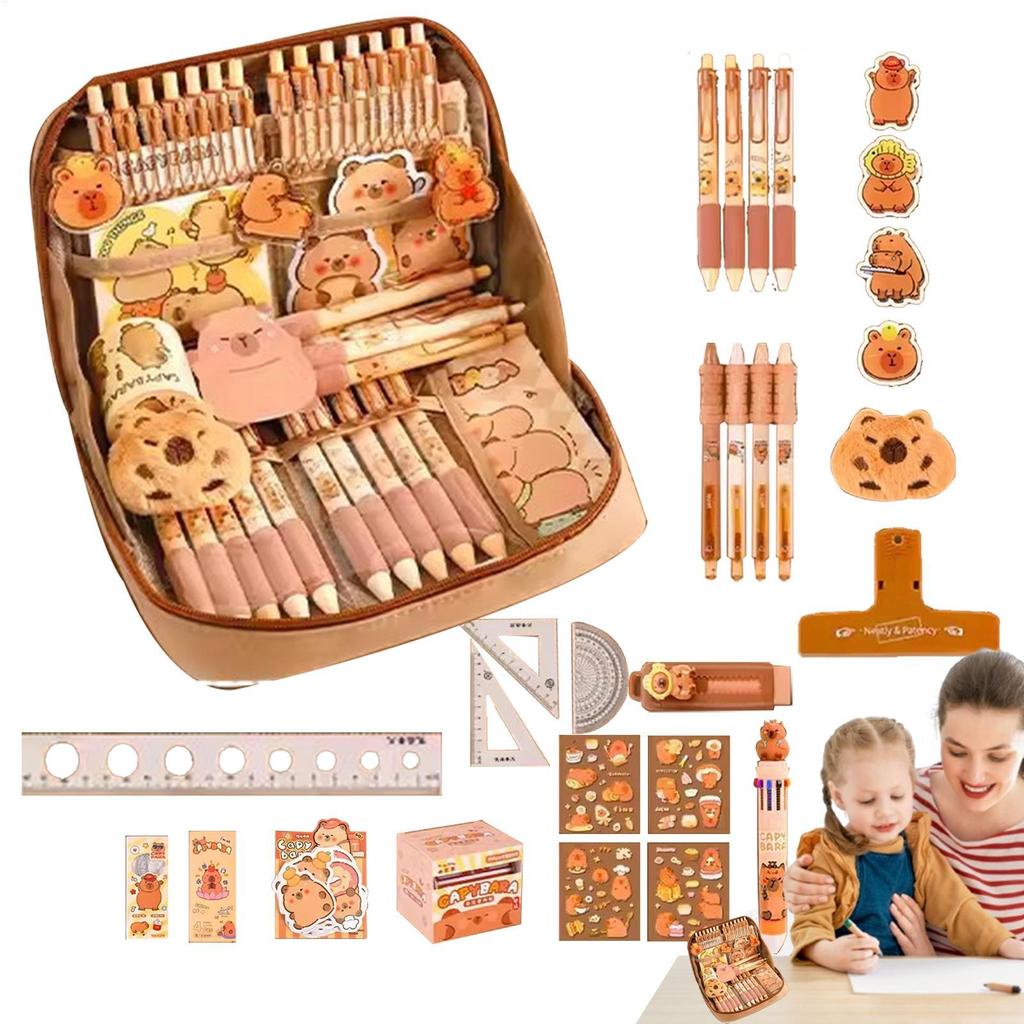 Capybara Stationery Set Portable Stationary Bag Cute Pencil Case with Pens Clips Rulers and More Wide Opening Pencil Organizer