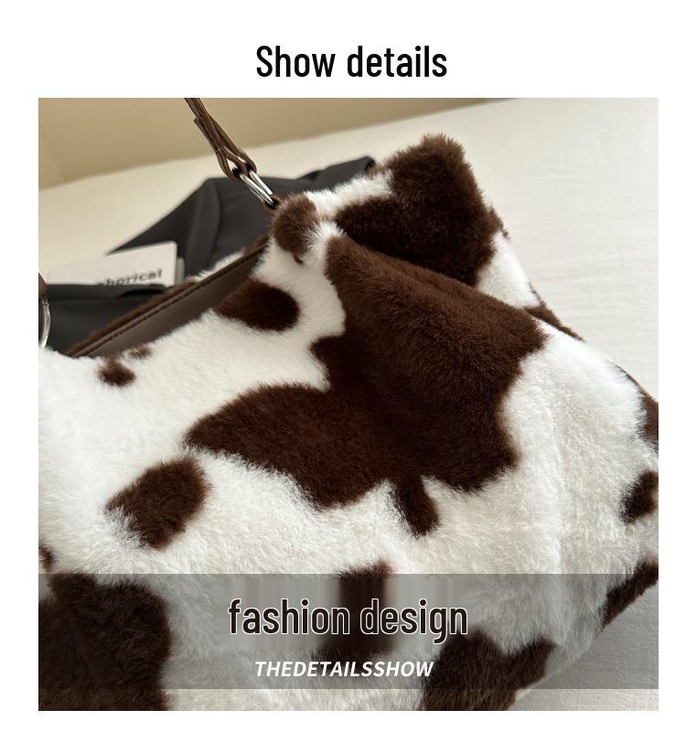 Versatile Large Capacity Cow Print Plush Shoulder Tote – Autumn/Winter 2024