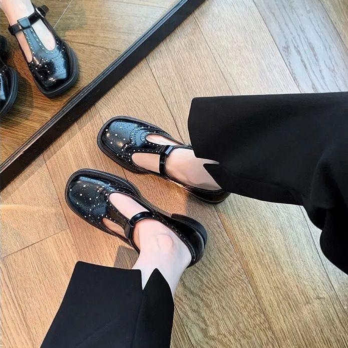 Fashion IPPEUM Mary Jane Shoes Women Black pu Leather Buckle Round Toe Low Heel Loafers Shoes