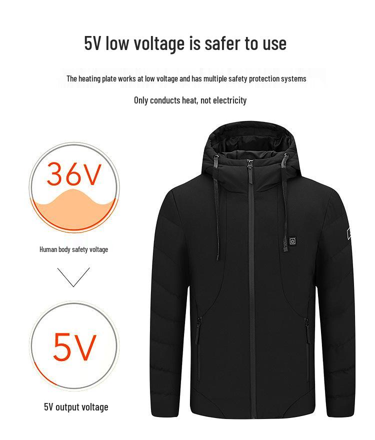 Men's USB Heated Slim Fit Cotton Jacket, Korean Style, Hooded, Zone 5 Smart Heating, Padded, Warm Outerwear.