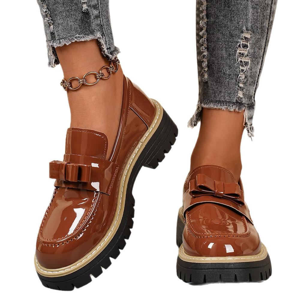 2025 autumn new foreign trade large size round head thick heel thick sole one pedal glossy small leather shoes loafers women