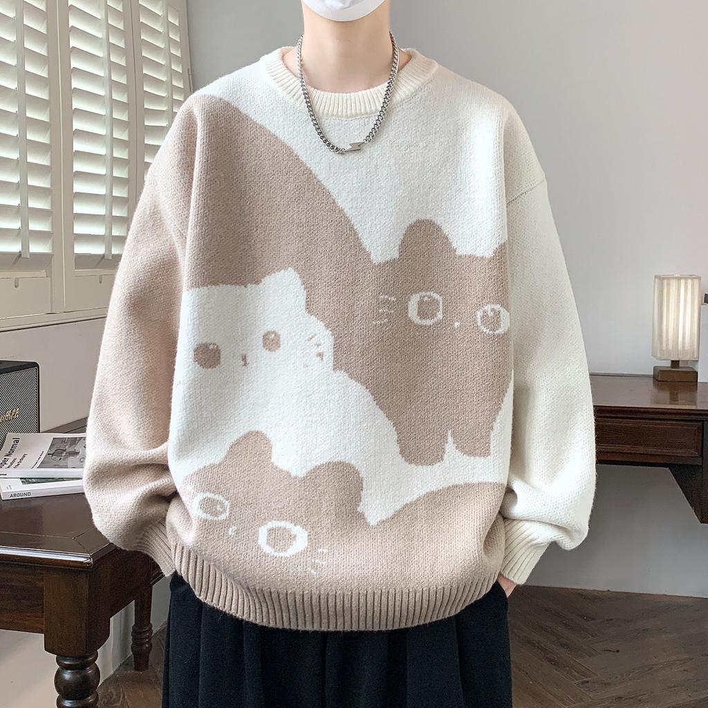 Cartoon Katze Strickpullover Herren Herbst/Winter Warmer Strickpullover Herren Pullover Hauskleidung