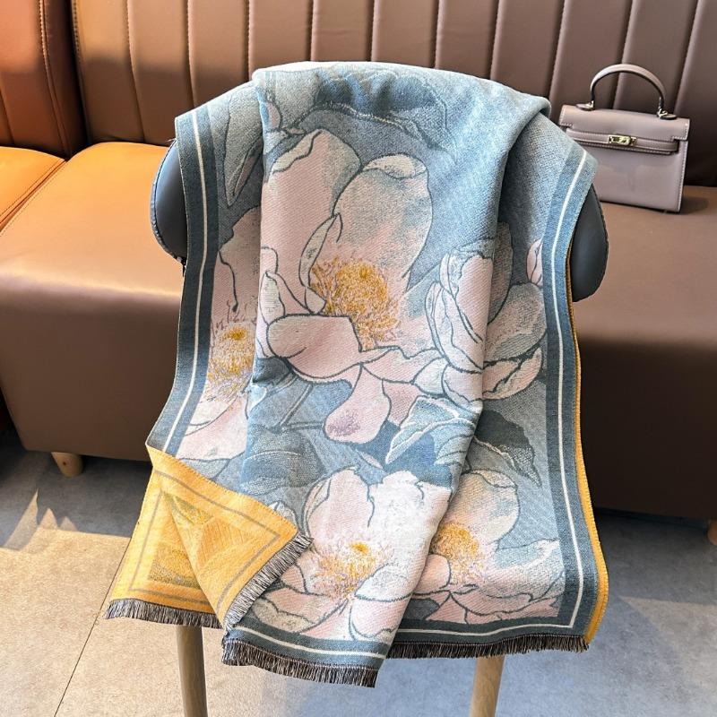 Winter new oil painting fashion peony flower imitation cashmere scarf women's elegant warm thickened shawl