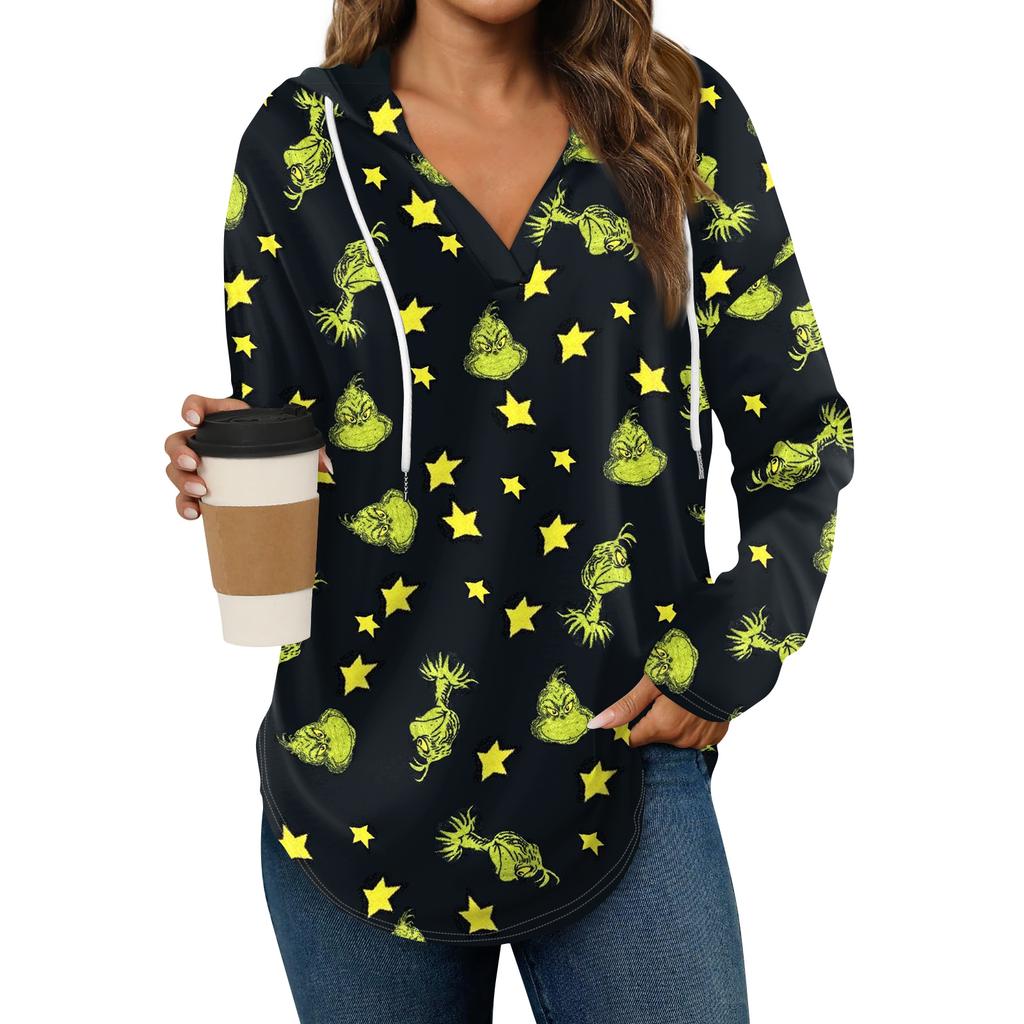 Women's Fashion Hoodies V Neck Long Sleeve Christmas Printed Drawstring Casual Loose Pullover Tops