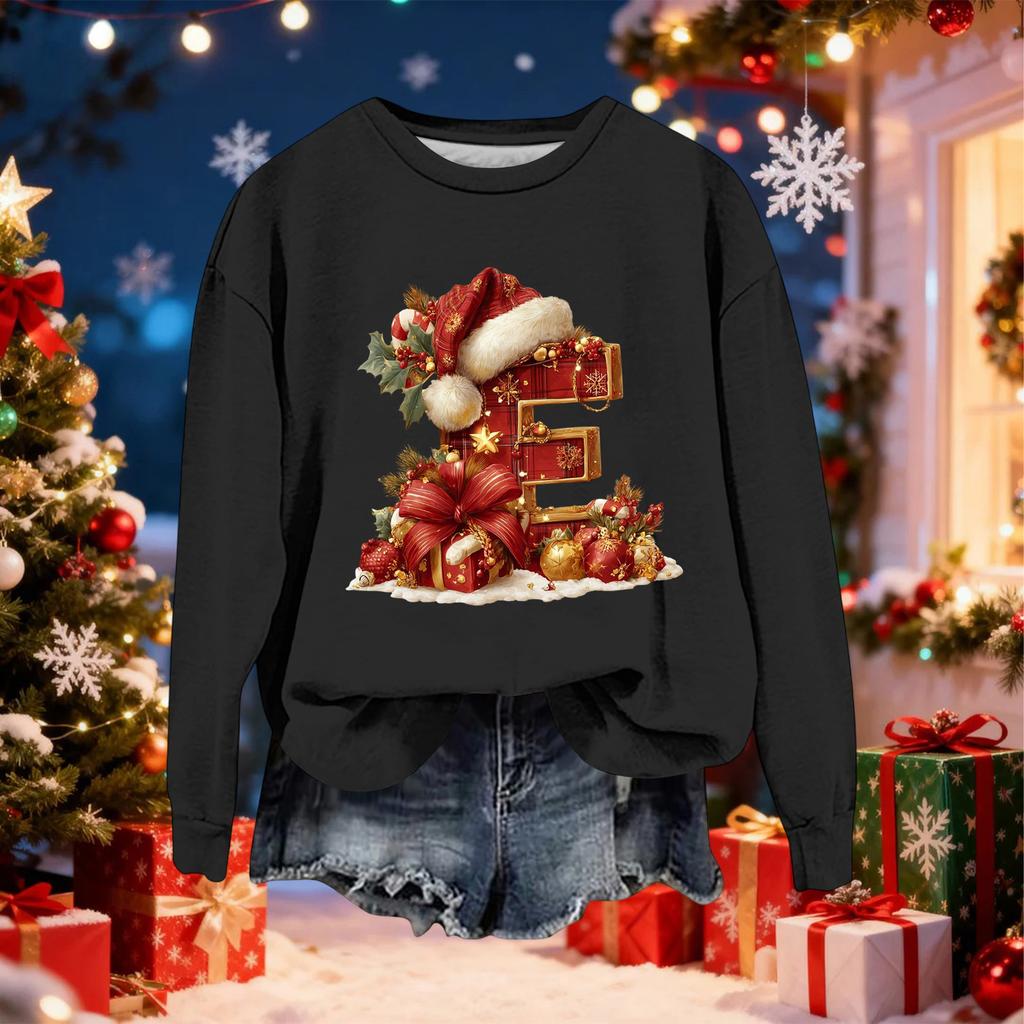 Women's Fashionable Casual Long-Sleeved Christmas Letter Print Crew-Neck Sweatshirt