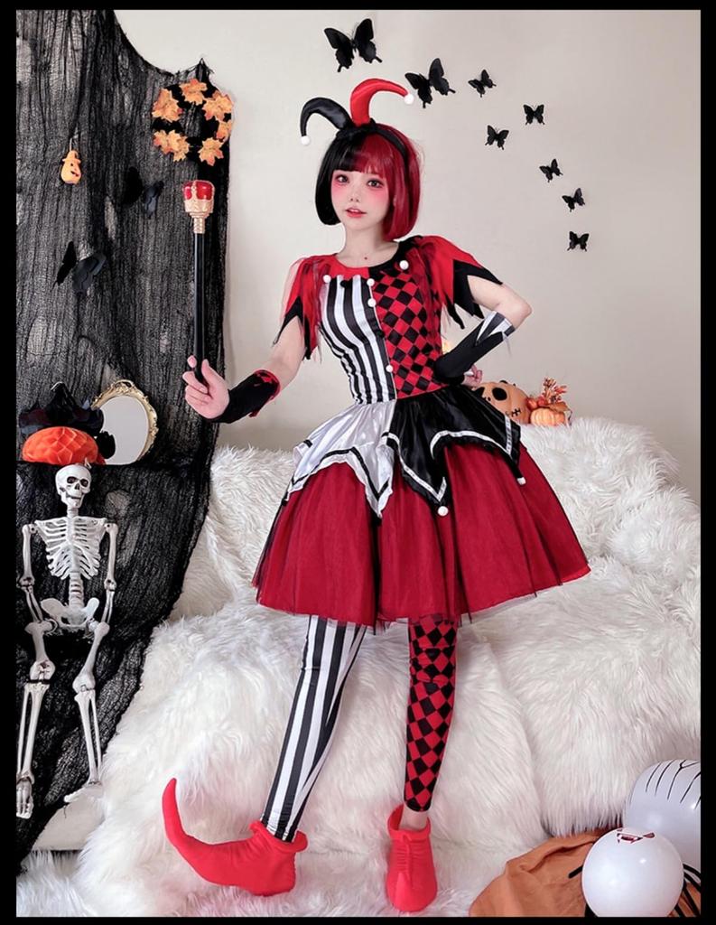 JUNDOMECY Clown Cosplay Magician Costume for Adult Cute and Funny Clown Plus Red and Black Clown Costume for School Cultural and Stage Performances