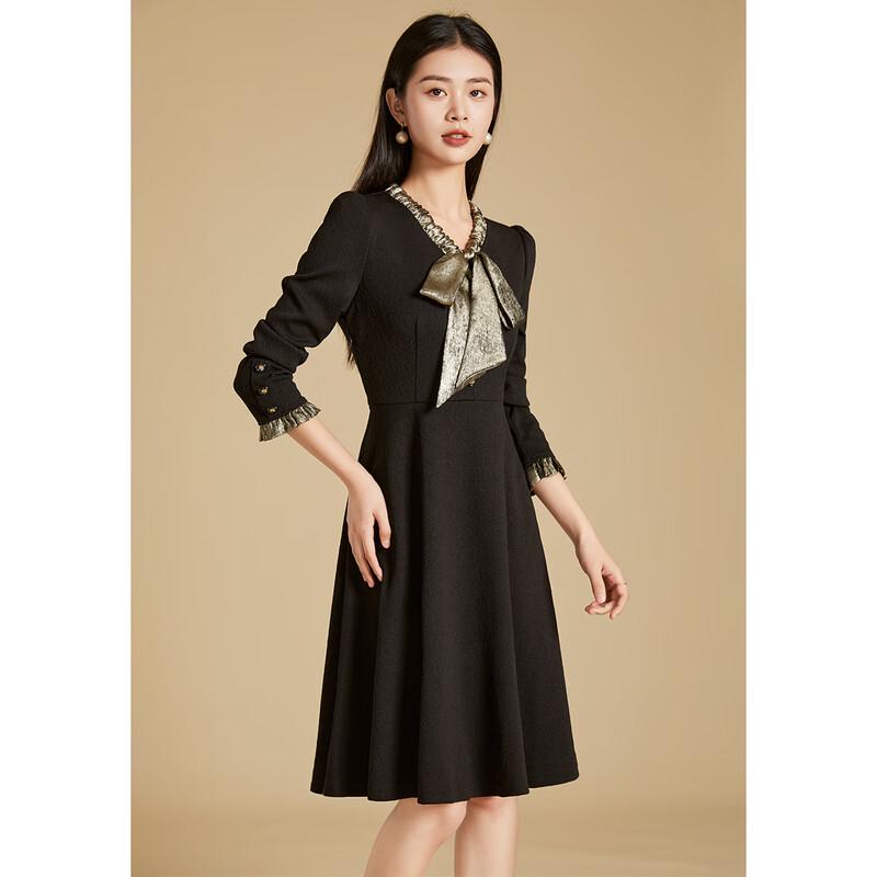 Kebeier 2025 New Autumn Long-Sleeve Black Bow Collar A-Line Dress