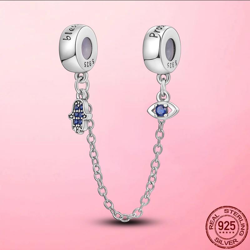 925 Silver Safety Chain with Heart Charms DIY Jewelry Fit Original Bracelet Beaded Accessories