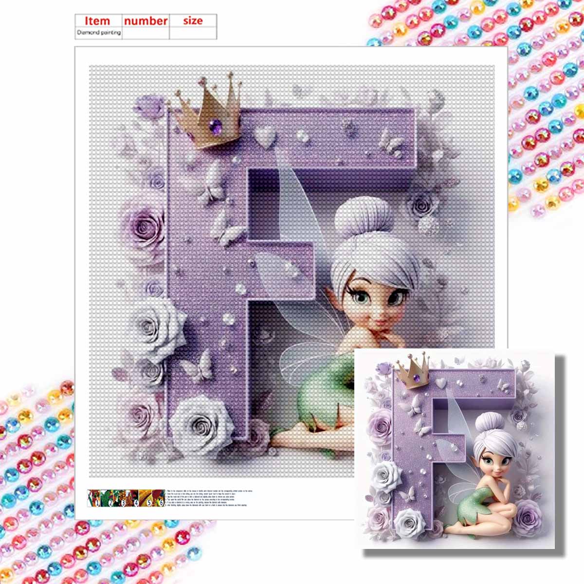 

Алмазная живопись своими руками Круглые алмазы Эльф Буква F Полная алмазная мозаика Домашнее украшение Живопись Набор для вышивания крестом Round 20x20cm