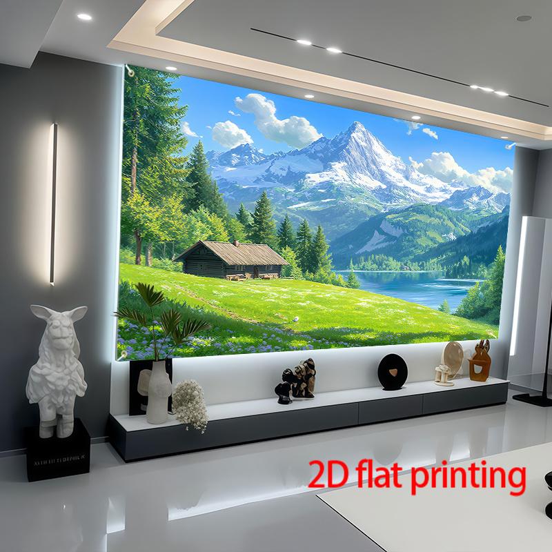 2D Plane, Large Mountain Lake Scenery Party Banner - Self-adhesive Background, Snow Peaks, Cabins and Grassland