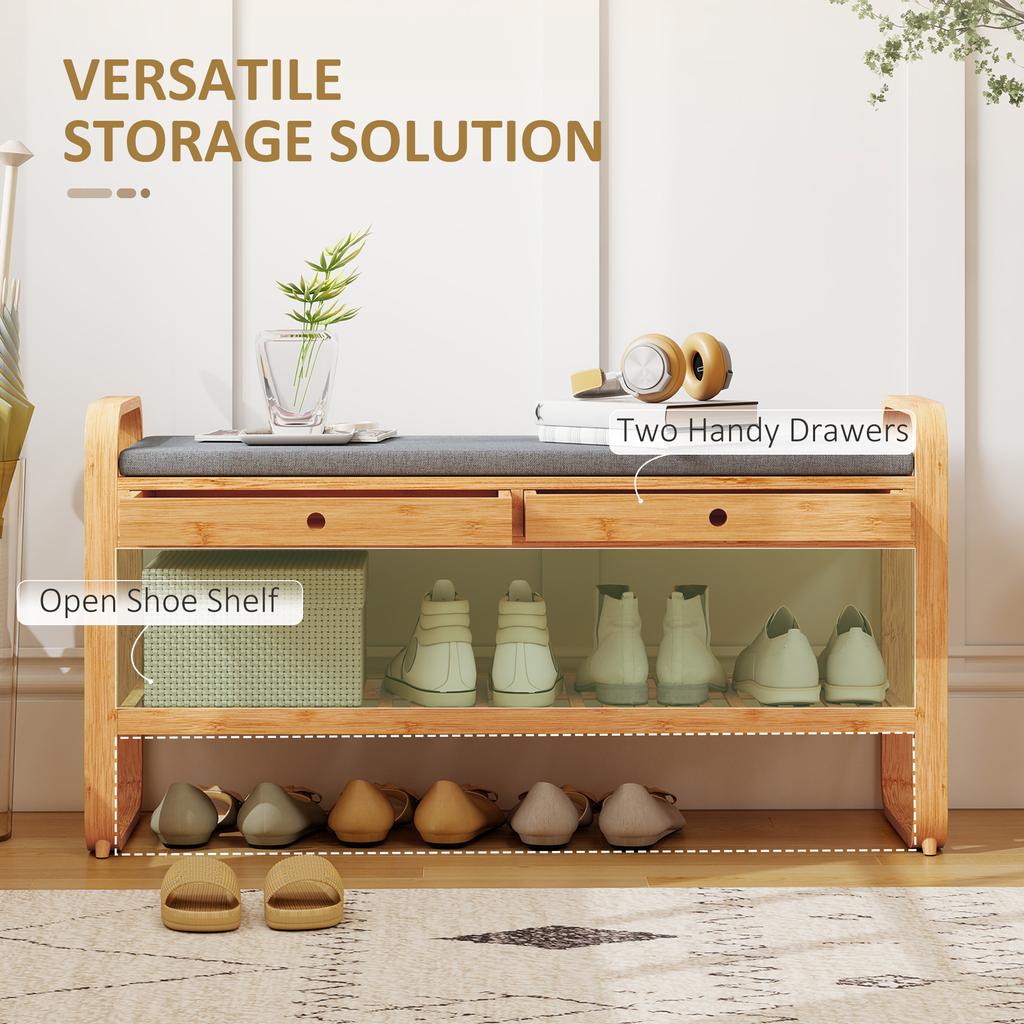 Shoe Bench With 2 Drawers Cushioned Seat Shoe Storage Bench For Hallway 105 Cm Natural And Grey