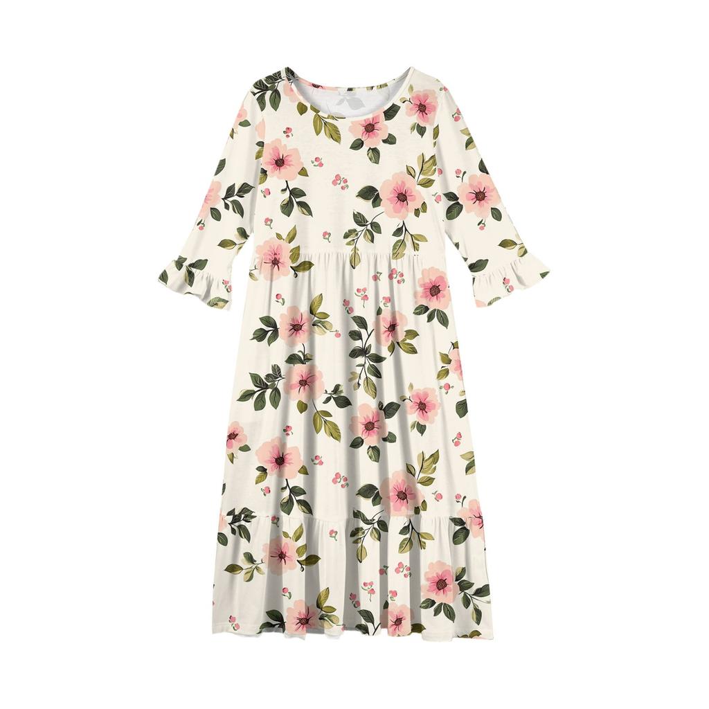 Girls' Tiered Ruffle Dress - 3/4 Sleeve Pocket Maxi With Pockets