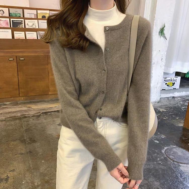 Sweater Women Cardigan Spring Autumn Thin Coat Layer Base Layer Cropped Round Neck Knit Top Wholesale