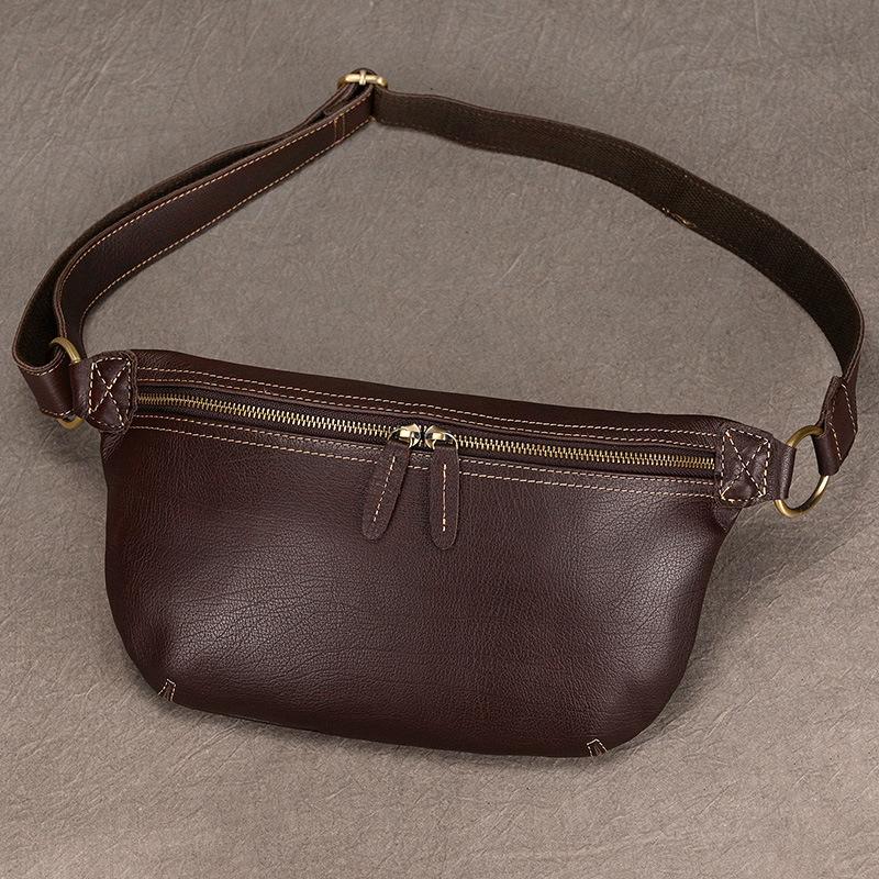Men'S Genuine Leather Large-Capacity Fanny Pack, Retro Cowhide Breast Bag, First Layer Cowhide Crossbody Shoulder Bag, Oily Leather Casual Bag.