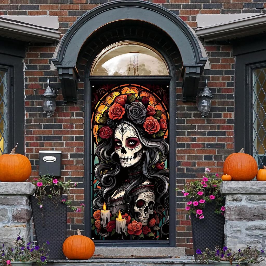 Day of The Dead Door Cover Dia De Los Muertos Boor Banner Backdrop Sugar Skull Rose Altar Mexican Fiesta Party Decorations