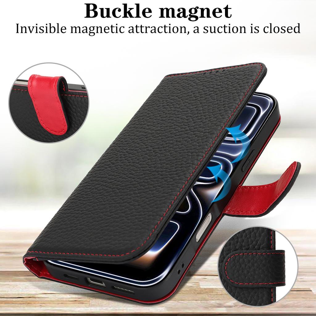 For iPhone 17 Pro Max Stand Case Litchi Texture Genuine Cow Leather Wallet Phone Cover RFID Blocking