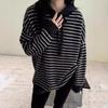 Korean Style Women's Color Block 100% Wool Striped Hooded Sweater, Winter Mid-Length Slimming Hoodie