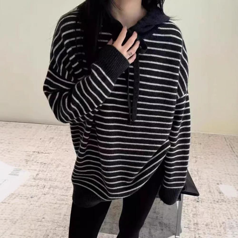 Korean Style Women's Color Block 100% Wool Striped Hooded Sweater, Winter Mid-Length Slimming Hoodie
