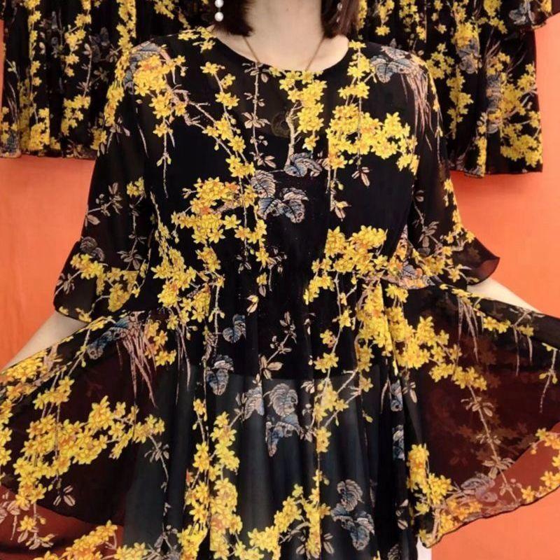 Vintage Printed Blouse Summer Thin Broken Flowers Loose Waist Casual O-Neck Commute Half Sleeve Shirt
