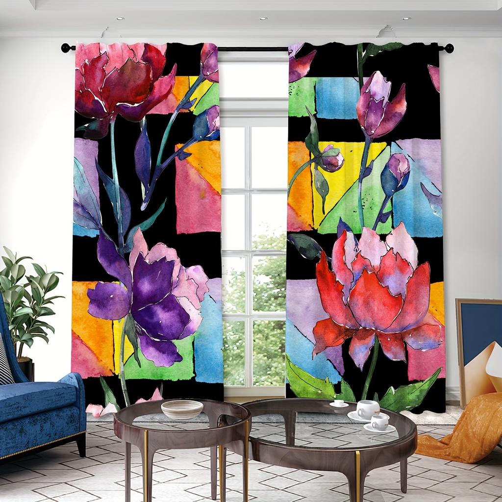 2pcs Seamless Border With Colorful Flower Patterns Watercolor Falling Leaf Prints Curtains For Living Room Bedroom For Home Deco
