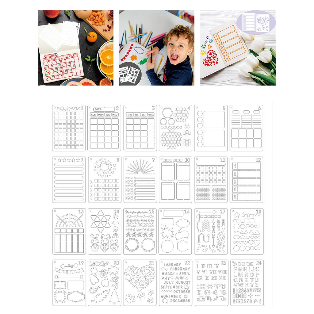 24Pieces A5 Journal Templates Scrapbooking Stencils for DIY Journal Planner Notebook Graffiti Painting DIY Craft Project