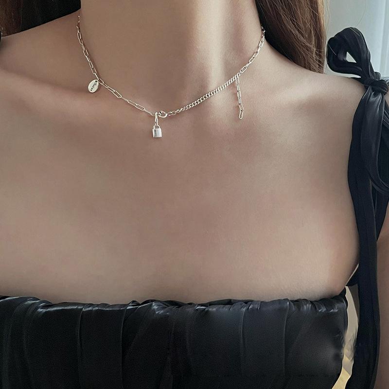Creative Small Lock Asymmetric Necklace Female Design Simple Sweet Cool Punk Style Collarbone Chain Personality