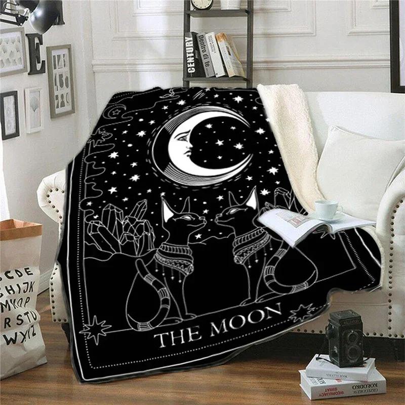 Cat with Moon Anime Blanket Throw Blanket Satanic Flannel Blanck and White Blanket for Adults Kids Halloween
