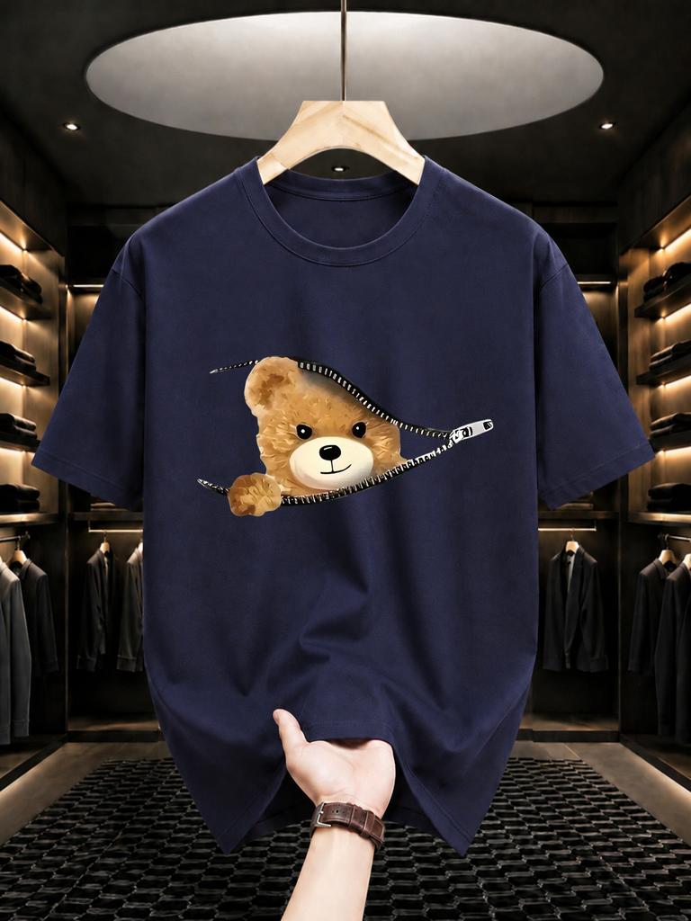 2026 New Cotton Tshirt Little Bear Peeking Out Of The Zipper Cute Print Round Neck Short Sleeve Casual Top
