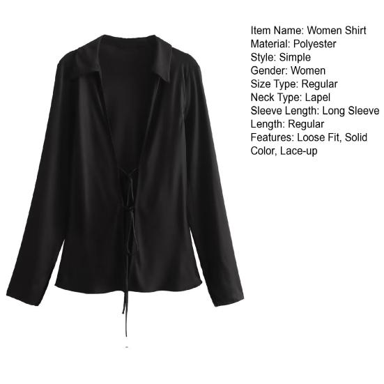 Women Shirt Lapel Long Sleeve Shirt with Lace-up Sexy Hollow Effect Silk Satin Textured Bow Detail Solid Color Shirt Tops