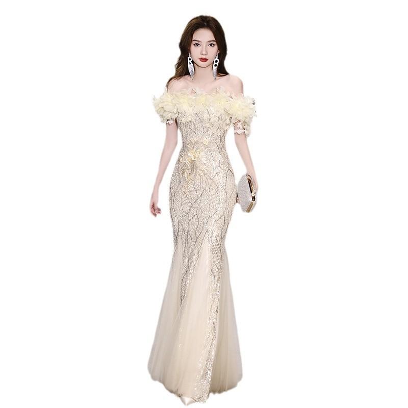 New Fishtail Evening Dress Dress High-end One-word Shoulder Light Luxury Niche Senior Host Sequined Annual Meeting Dinner Dress