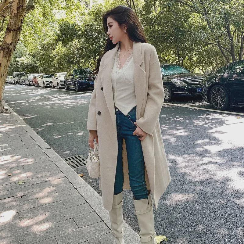 Women's Pink Woolen Mid-Length Loose-Fit Coat - 2023 Autumn/Winter Korean Hepburn Style