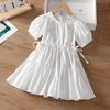 Girls White Summer Princess Dress Short Sleeve Round Neck Drawstring Waist Sweet Tulle Party Dress For Kids