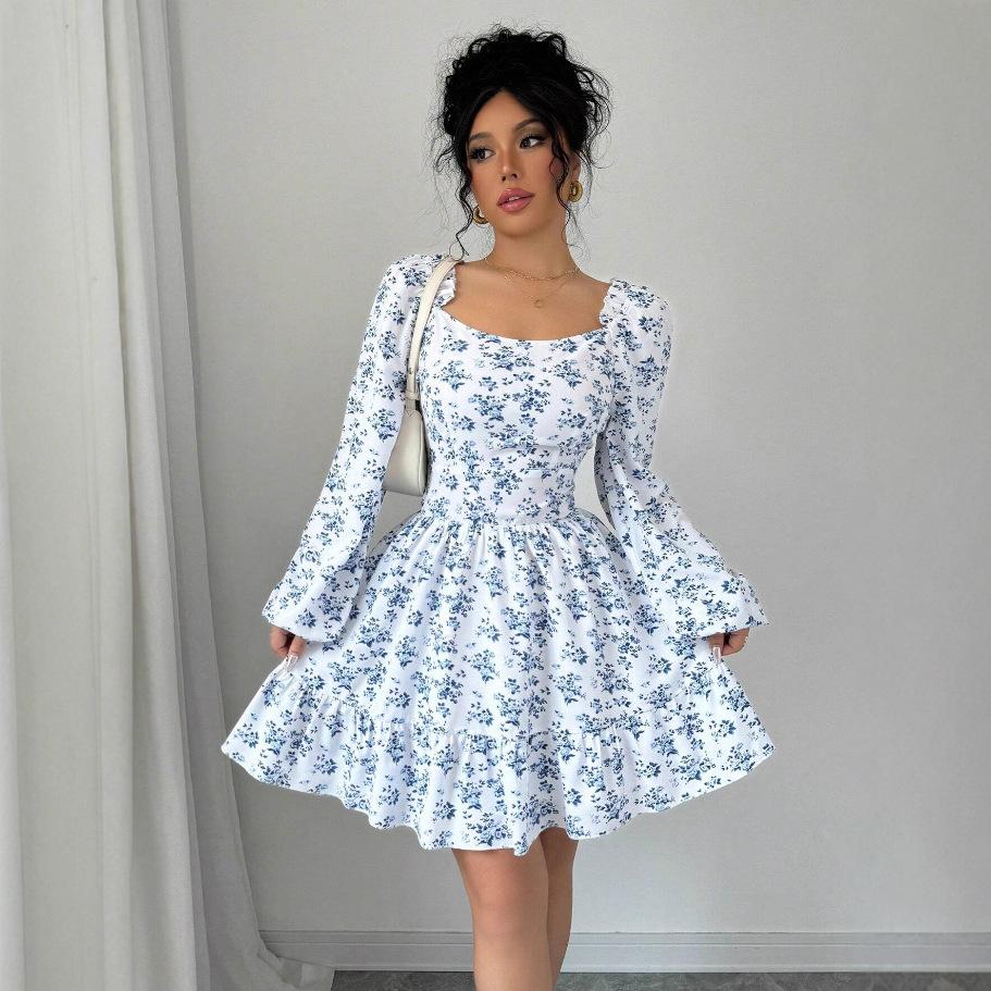 

2025 осень Вечерние платья для фестиваля Элегантное платье мини с пышными рукавами и открытой спиной с цветочным принтом Сексуальное платье-мини бодикон с бантом на спине для выпускного вечера Женское XL