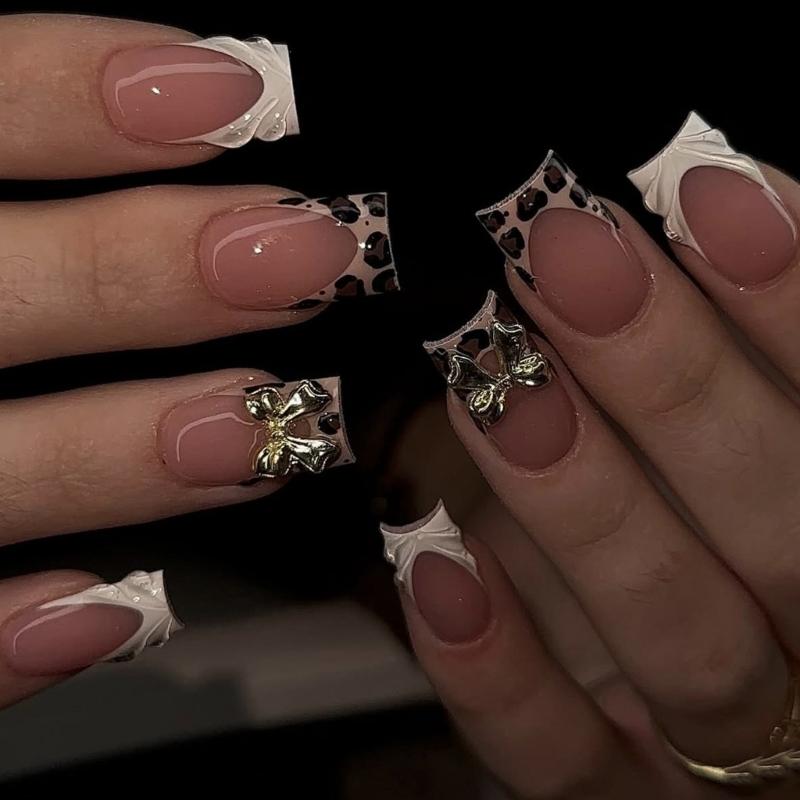 

Fashionable French False Nail 3D Bows and Sweet Pastel Leopard Accent Nail Art For Weddings Office Parties 1
