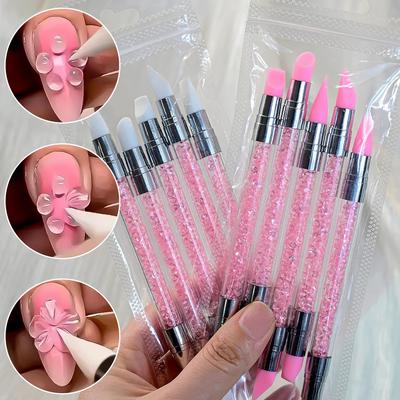 5pcs Pink Dual-Ended Silicone Nail Art Pens 3D Flower Carving Glue Stick Embossing Pen DIY Manicure Brush Nail Dotting Pen