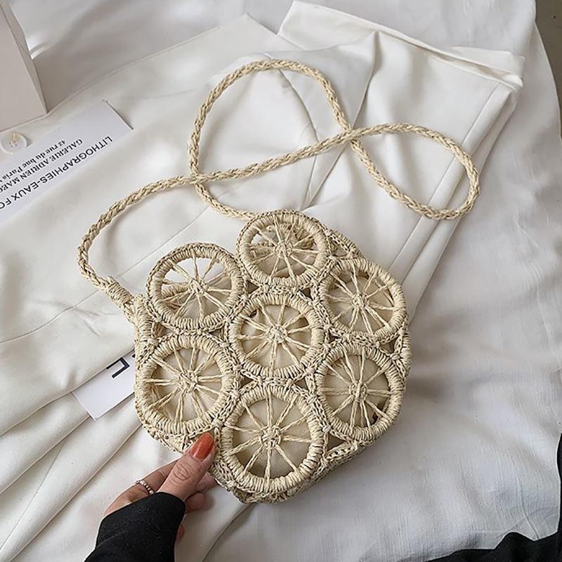 Yogodlns Handmade Summer Beach Women Straw Shoulder Bag Ladies Round Hollow Travel Daily Woven Handbag Holiday Knit Cotton Linen